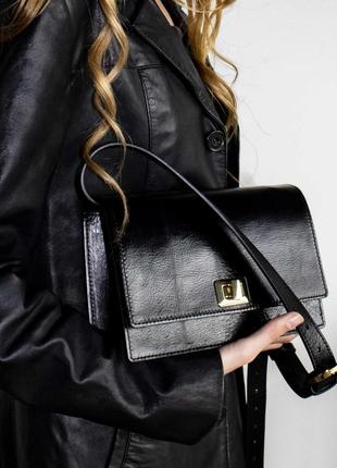 Черная кожаная сумка сумка кроссбоди классическая сумка7 фото