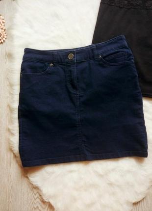 Короткая синяя темная джинсовая юбка мини стрейч с молнией карманами вставками кожзам3 фото