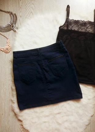 Короткая синяя темная джинсовая юбка мини стрейч с молнией карманами вставками кожзам5 фото
