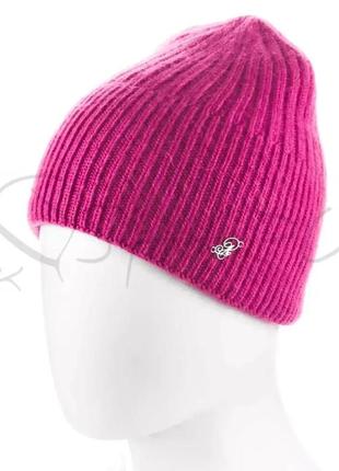 Шапка біні з ангори зимова без відвороту подвійна без підкладки в рубчик atrics wh856 малиновий