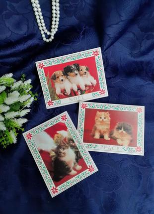 Вінтаж!🎄🐈🐕 листівки новорічні різдвяні котики собачки малюки пухнастики з побажаннями щенята котята открытка набор