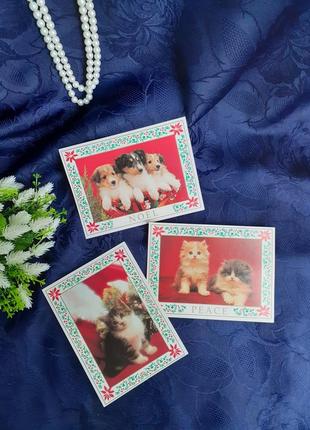 Винтаж!🎄🐈🐕 открытки новогодние рождественские котики собачки малыши пушистики с пожеланиями щенятая катятка отверстий набор4 фото