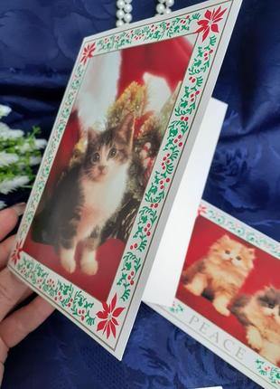 Винтаж!🎄🐈🐕 открытки новогодние рождественские котики собачки малыши пушистики с пожеланиями щенятая катятка отверстий набор7 фото