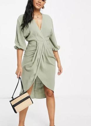 Льняное оливковое миди платье asos