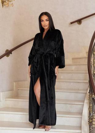 Довгий махровий халат унісекс на запах з поясом з кишенями з бічними розрізами