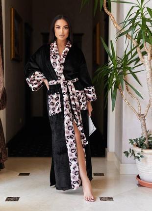 Довгий махровий халат унісекс на запах з поринтом леопарда з поясом з кишенями з бічними розрізами