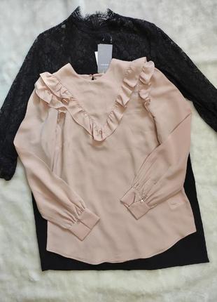 Натуральная розовая пудровая бежевая шелковая блуза рюшами длинный рукав шелк h&m4 фото