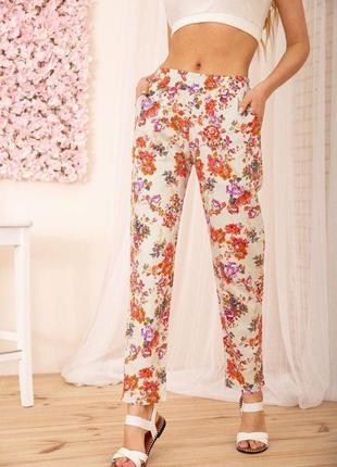 Літні бавовняні штани, з квітковим принтом, колір білий, 172r65-1