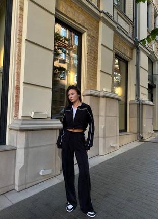 Трендовый спортивный костюм двунить в стиле zara укороченная кофта и штаны палаццо оверсайз