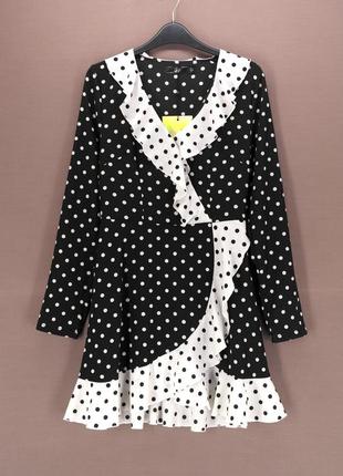 Нове мініплаття з рюшами "missguided" чорно-біле в горошок, uk6/eur34.