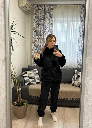 Піжама тепла (домашній костюм) жіноча двостороння махра 42-50 темно-бежева, чорна, біла (молочна)