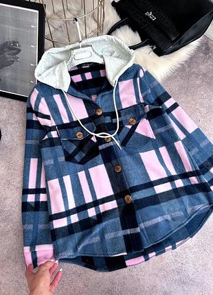 Рубашка женская флисовая в клетку с капюшоном разм.42-52
