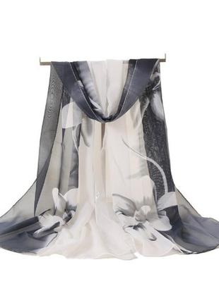 Женский шарфик с цветами, черно-белый - размер шарфика приблизительно 150*48см, шифон