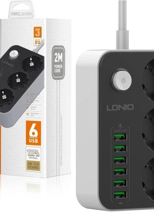 Сетевой фильтр удлинитель 3 розетки с 6 usb 2м с защитой с заземлением ldnio se3631 2500w 10a pro_440