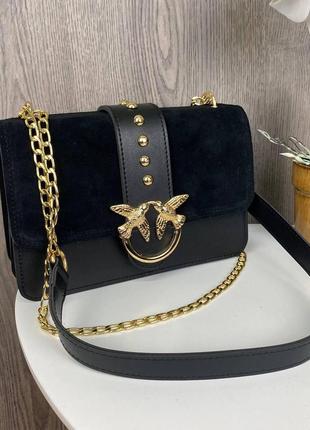 Женская мини сумочка клатч замшевая pinko черная, сумка на плечо натуральная замша пинко птички pro_975