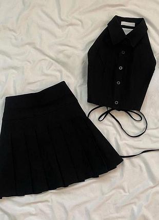 Костюм жіночий чорний однотонний жилетка на гудзиках на шнурівці спідниця коротка на високій посадці якісний стильний трендовий