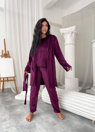 Велюровый комплект 3-ка домашняя одежда женский халат+пижама с брюками, женская пижама халат тройка велюр/ батал большие размеры/1545