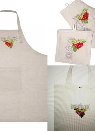 Подарунковий набір: сумка-шопер, фартух, прихватка, рукавичка з вишивкою калина