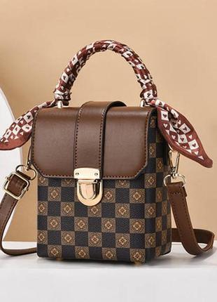 Женская маленькая сумочка-бочечка на плечо, минисумка на замочке темный с темно-коричневым