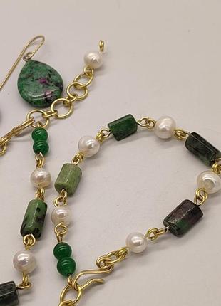 Комплект з двоих браслетів і сережок з цоїзиту, натуральних перлів "зелена неділя". комплект з натурального каміння3 фото