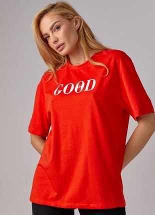 Трикотажная футболка с надписью good vibes - красный цвет, прямой, надпись, повседневный, турция1 фото