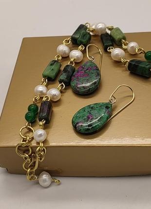 Комплект з двоих браслетів і сережок з цоїзиту, натуральних перлів "зелена неділя". комплект з натурального каміння8 фото