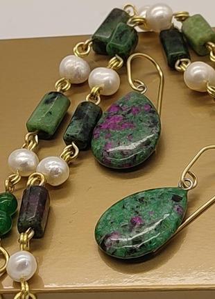 Комплект з двоих браслетів і сережок з цоїзиту, натуральних перлів "зелена неділя". комплект з натурального каміння9 фото