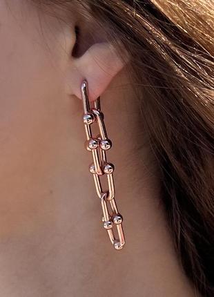 Сережки-цепи тиффани в розовом цвете, позолота 18к