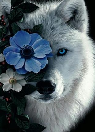 Алмазная мозаика на подрамнике strateg премиум білий вовк у квітках без підрамника розміром 40х50 см jsfh85892