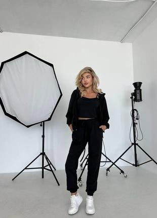 Жіночий костюм трійка з подвійним капюшоном в бежевий,меланж,чорний,рожевий колір