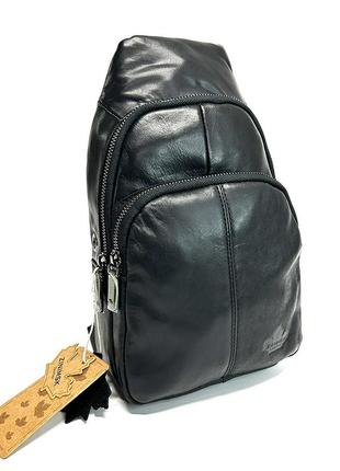 Сумка мужская нагрудная кожаная слинг на одно плечо, черная сумочка из натуральной кожи