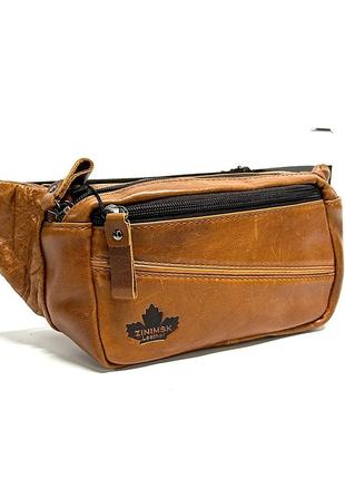 Сумка бананка чоловіча коричнева поясна нагрудна через плече, сумочка з натуральної шкіри