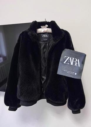 Шуба zara оригинал шубка искусственный мех короткая куртка бомпер эко черная рукава фонарики на резинке ветрозащитная кожушек кэжуал