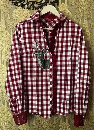 Вишукана картата приталена сорочка з оригінальним принтом оленя манжетами та ґудзиками