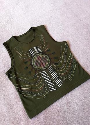 Топ зеленый хаки винтажный с принтом, орнаментом