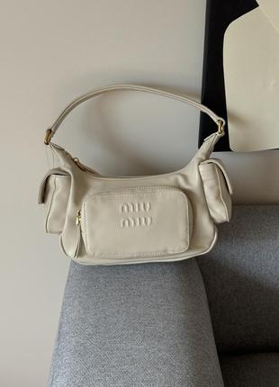 Miu miu nappa leather pocket bag cream, жіноча шкіряна сумка, женская кожаная сумка
