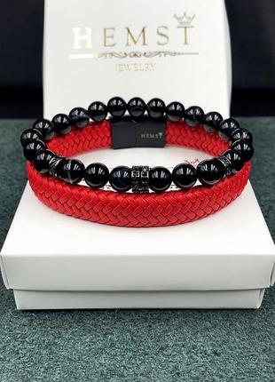 Комплект браслетів зі шкіри червоного кольору та натурального агату з дисками (12131)