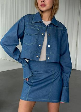 Джинсовый костюм юбка + рубашка, женский джинсовый костюм с юбкой4 фото