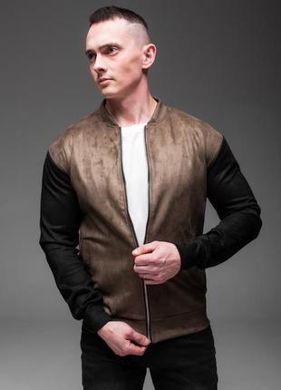 Мужская кофта бомбер замшевая хаки с черным
