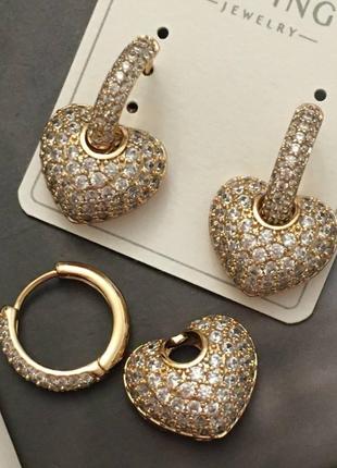 Серьги медсплав, фианиты камушки сердечко, снимается