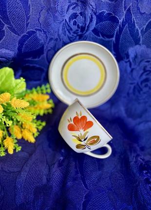 Жоржина!☕️🌺 чайная пара пленительная винтаж фарфор ручная роспись позолота чашка и блюдце