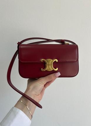 Celine shoulder bag claude in shiny calfskin burgundy, жіноча шкіряна сумка, женская кожаная сумка