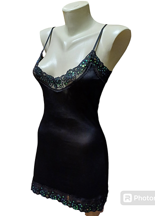 Майка комбинация женская ночнушка черная с пайетками на тонких бретелях размерxs