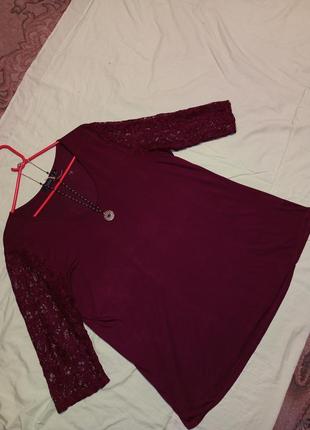 Трикотажная блузка с гипюровыми рукавами,бордо,большого размера,seppala7 фото