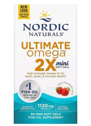 Ultimate omega 2x, омега-3 кислоти, зі смаком полуниці, 1120 мг, 60 мінікапсул (560 мг у капсулі)