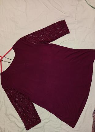 Трикотажная блузка с гипюровыми рукавами,бордо,большого размера,seppala8 фото