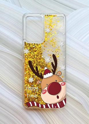 Чехол с плавающими блестками на xiaomi redmi note 10 pro/10 pro max золотой зимний оленёнок (принт 155)