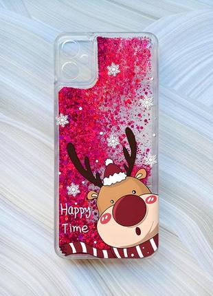 Чехол с плавающими блестками на samsung galaxy a05 (a055) розовый зимний оленёнок (принт 155)