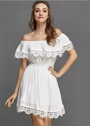 Платье женское белое летнее натуральное на плече кружево вышивка