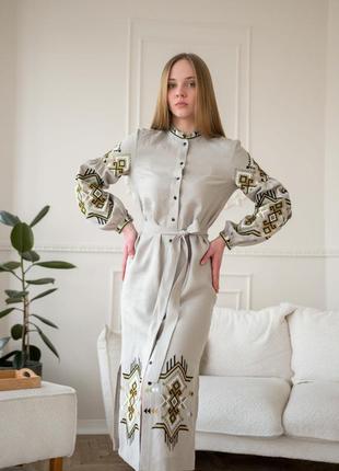 Сукня вишиванка з натурального льону folk на ґудзиках з поясом3 фото